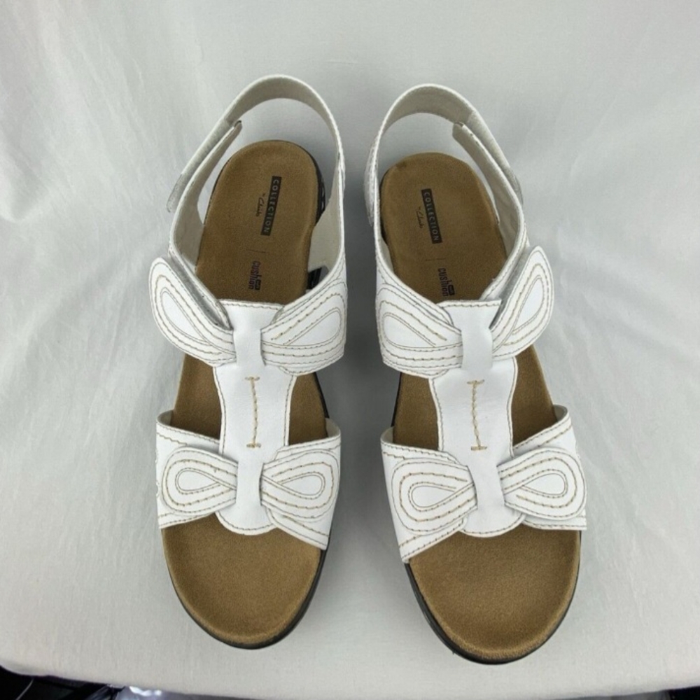Clarks White Leather Sandals with Buckle Closure